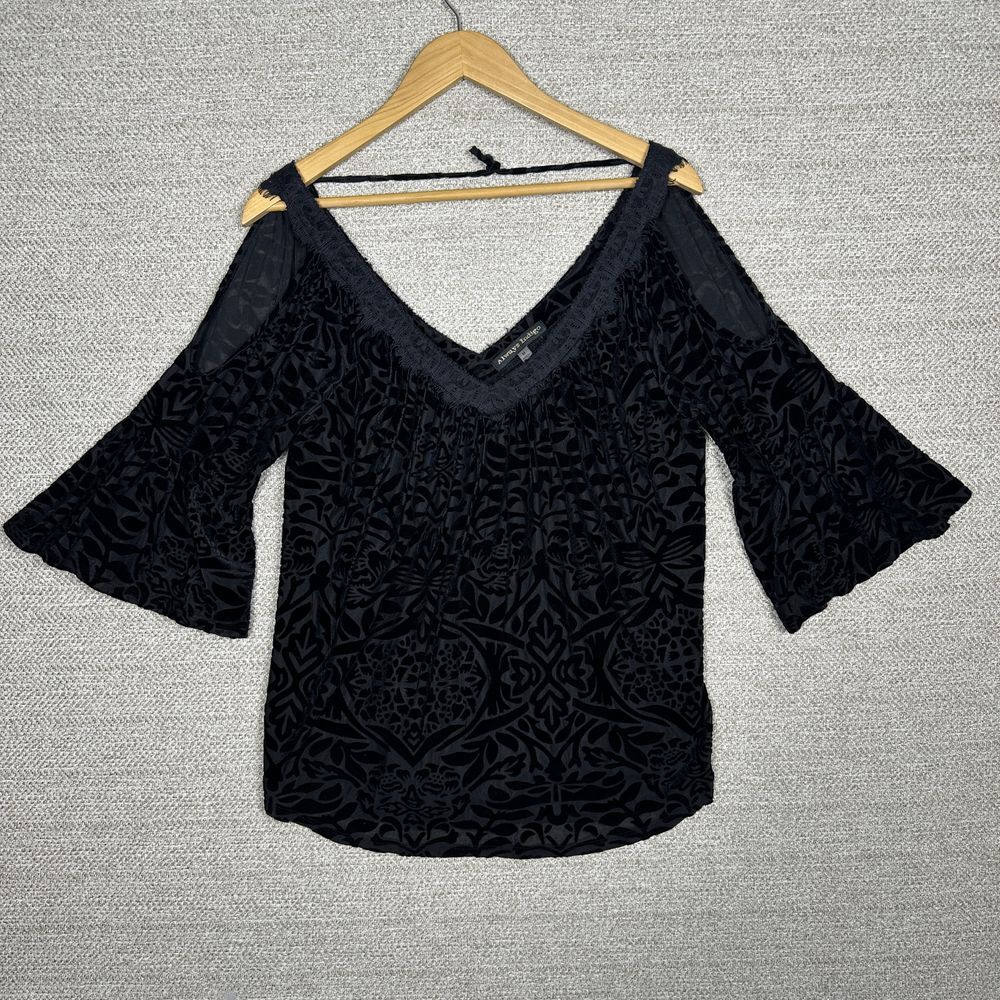 Always Indigo Sz M Burnout Velvet‎ Top Floral Bell Sleeve V Neck Goth Whimsigoth